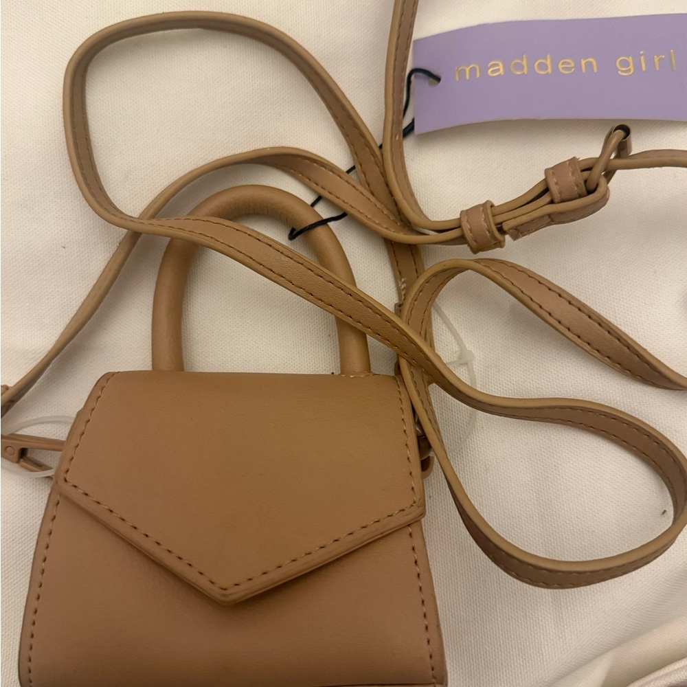 Madden Girl Tan Leather Mini Bag with Envelope Flap, Shoulder Strap, & Wristlet